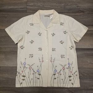 Vtg Erika Collection Cream Floral Embroidered Button-up Shirt